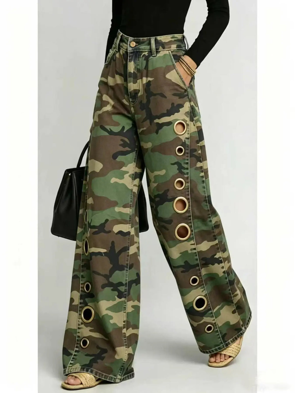 8782 2026 New Summer Camouflage Women Pants, Loose-Fitting Straight Leg, Mid Waist, Zipper Fly, Casual Style, All Seasons