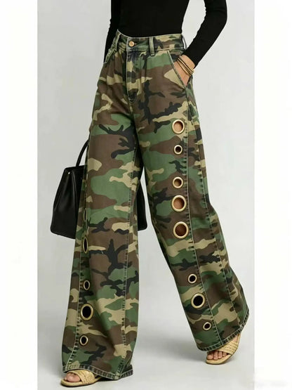 8782 2026 New Summer Camouflage Women Pants, Loose-Fitting Straight Leg, Mid Waist, Zipper Fly, Casual Style, All Seasons