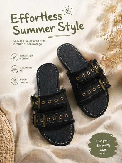 Women's Wide Fit Double Buckle Slides – Frayed Edge Casual Flat Sandals