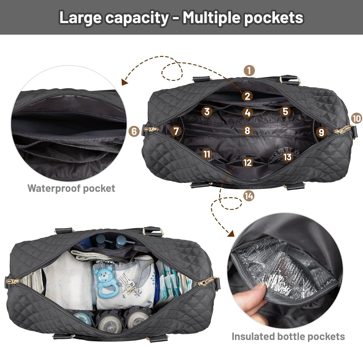5Pcs Quilted Diaper Tote Bag