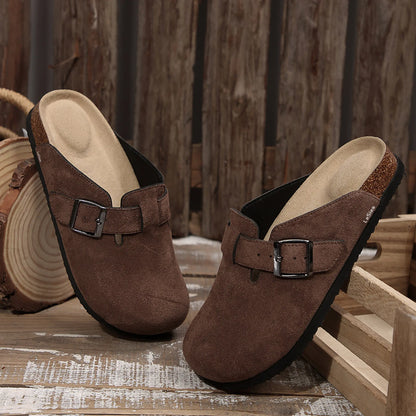 Suede Clogs for Women and Men - Adjustable Buckle Slip-on Cork Footbed Mules with Antislip Sole - Unisex Slippers Brown Springfresh Cork Platform Shoes Summer Vibes