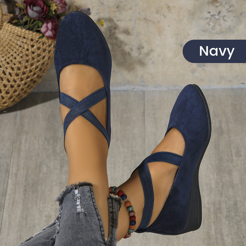 🔥Hot Sale🔥Elegant Solid Color Elastic Strap Low Wedge Shoes