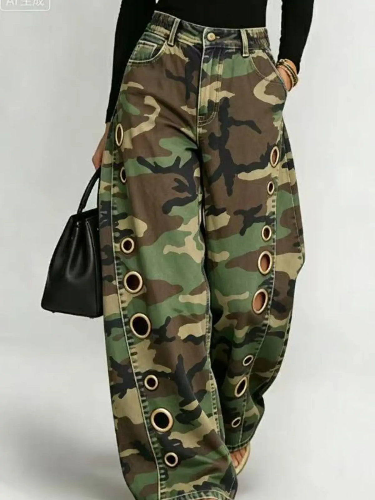 8782 2026 New Summer Camouflage Women Pants, Loose-Fitting Straight Leg, Mid Waist, Zipper Fly, Casual Style, All Seasons