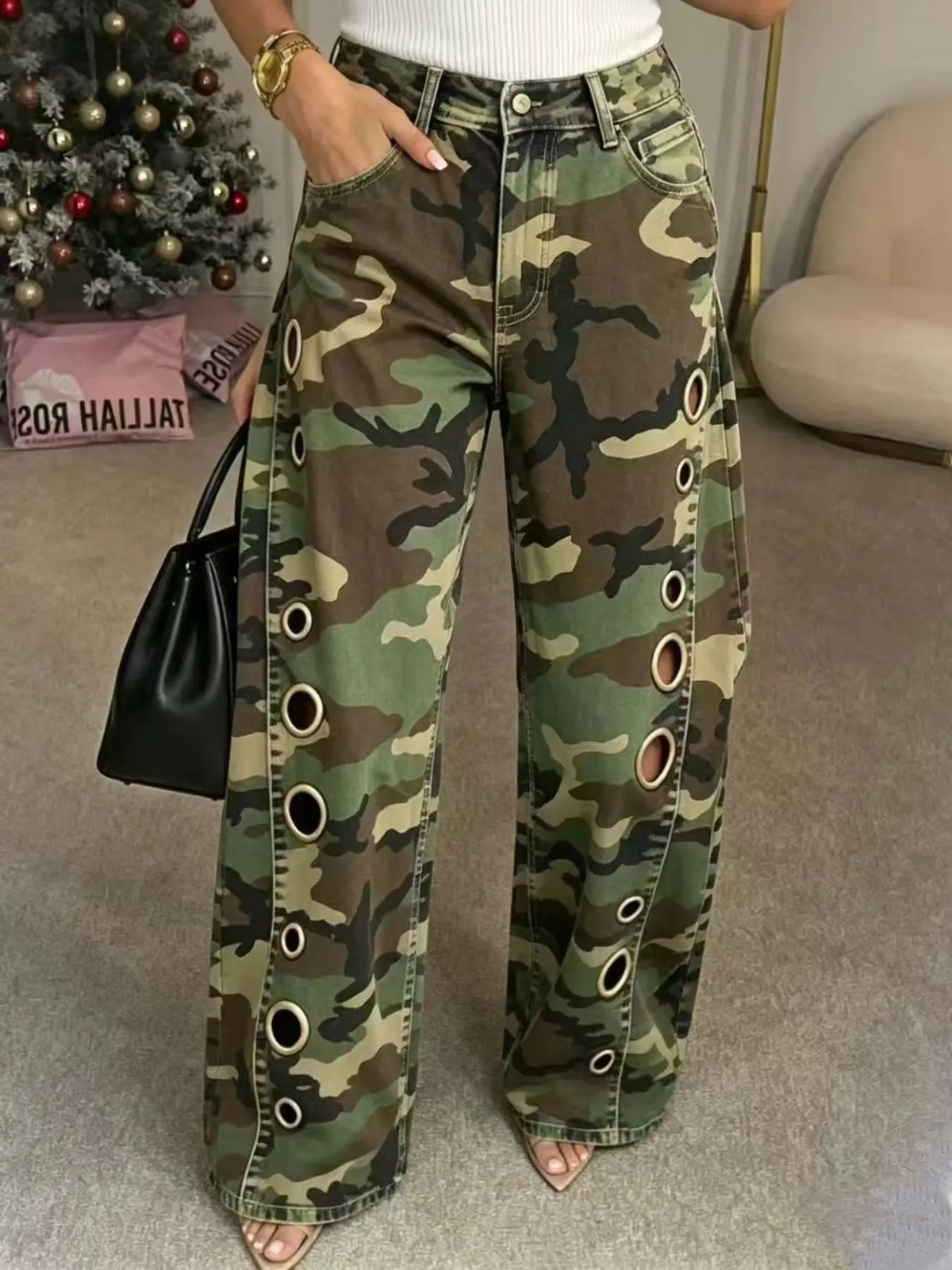 8782 2026 New Summer Camouflage Women Pants, Loose-Fitting Straight Leg, Mid Waist, Zipper Fly, Casual Style, All Seasons