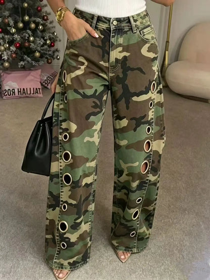 8782 2026 New Summer Camouflage Women Pants, Loose-Fitting Straight Leg, Mid Waist, Zipper Fly, Casual Style, All Seasons