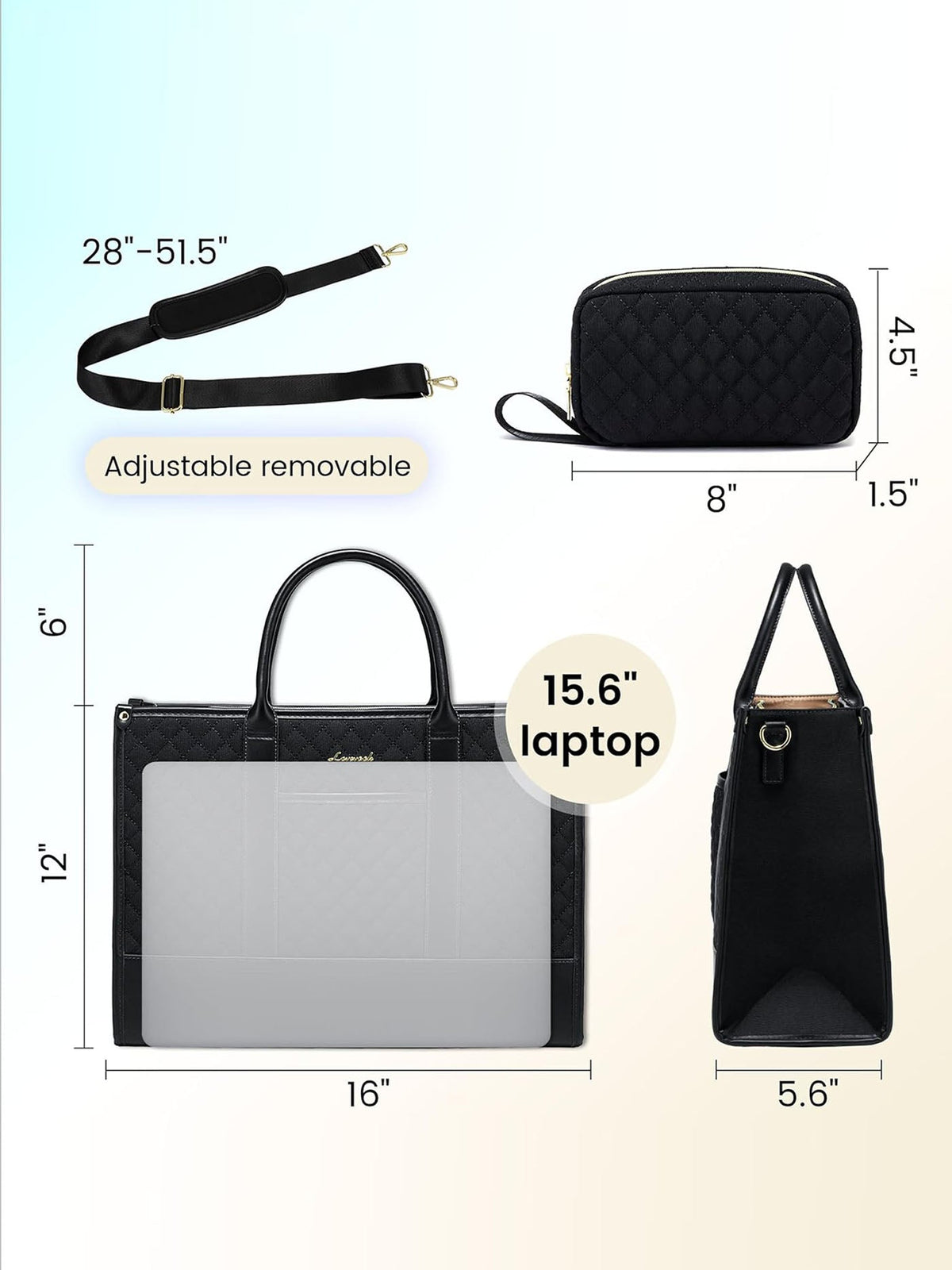 2 Pcs Quilted Laptop Tote Bag, 15.6" 17"