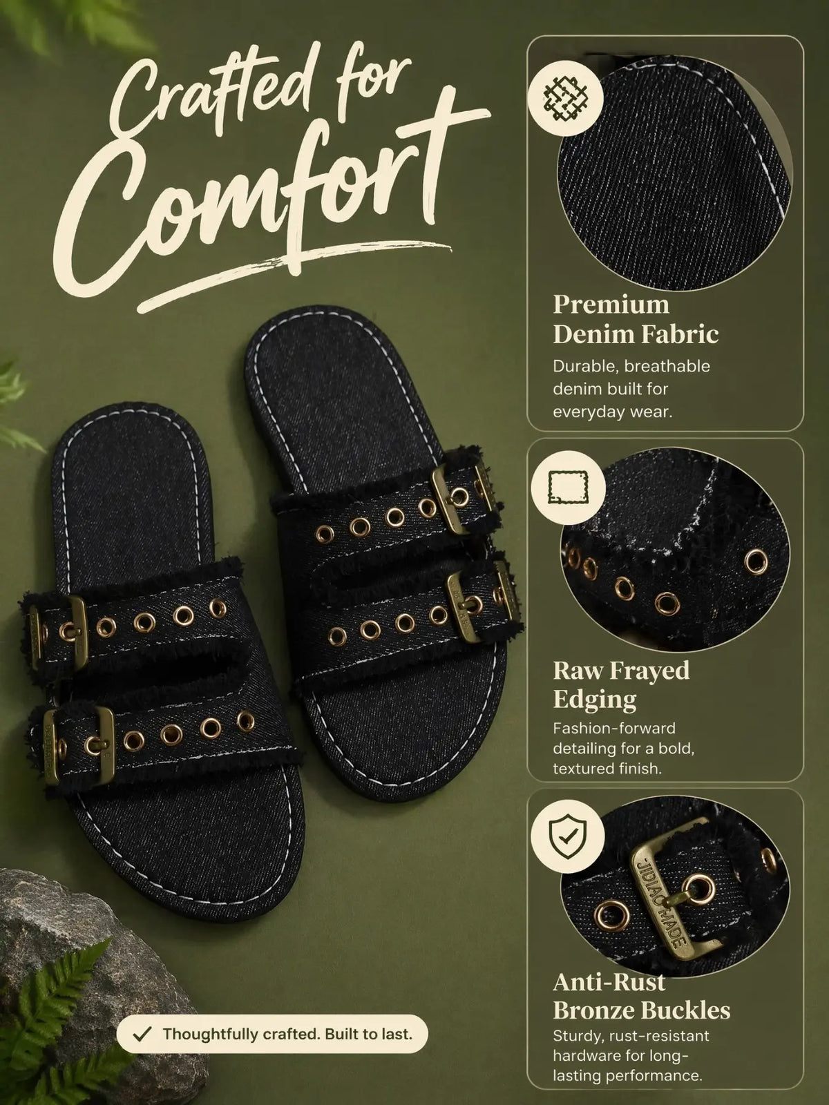 Women's Wide Fit Double Buckle Slides – Frayed Edge Casual Flat Sandals