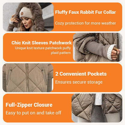 ✨Women’s Fashion Mid-length Parka 🧥 – Autumn And Winter Knit Sleeve Patchwork, Flattering Fit for Cold Days