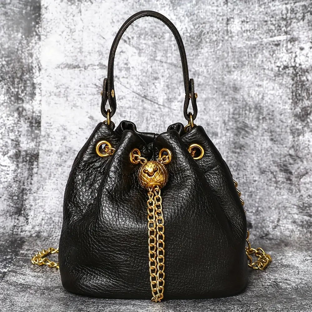 Genuine Bovine Cowhide Women's Mini Bucket Handbag - Drawstring, Gold Accent Hardware, Detachable Chain-Studded Strap, Crossbody Bags for Women, Fits Lipstick+Wallet, Contemporary Multifunctional Stylish Accessories