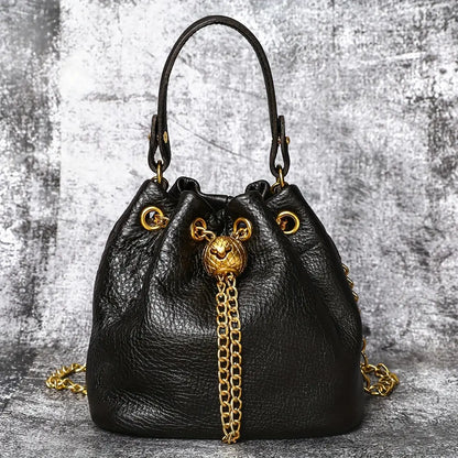 Genuine Bovine Cowhide Women's Mini Bucket Handbag - Drawstring, Gold Accent Hardware, Detachable Chain-Studded Strap, Crossbody Bags for Women, Fits Lipstick+Wallet, Contemporary Multifunctional Stylish Accessories