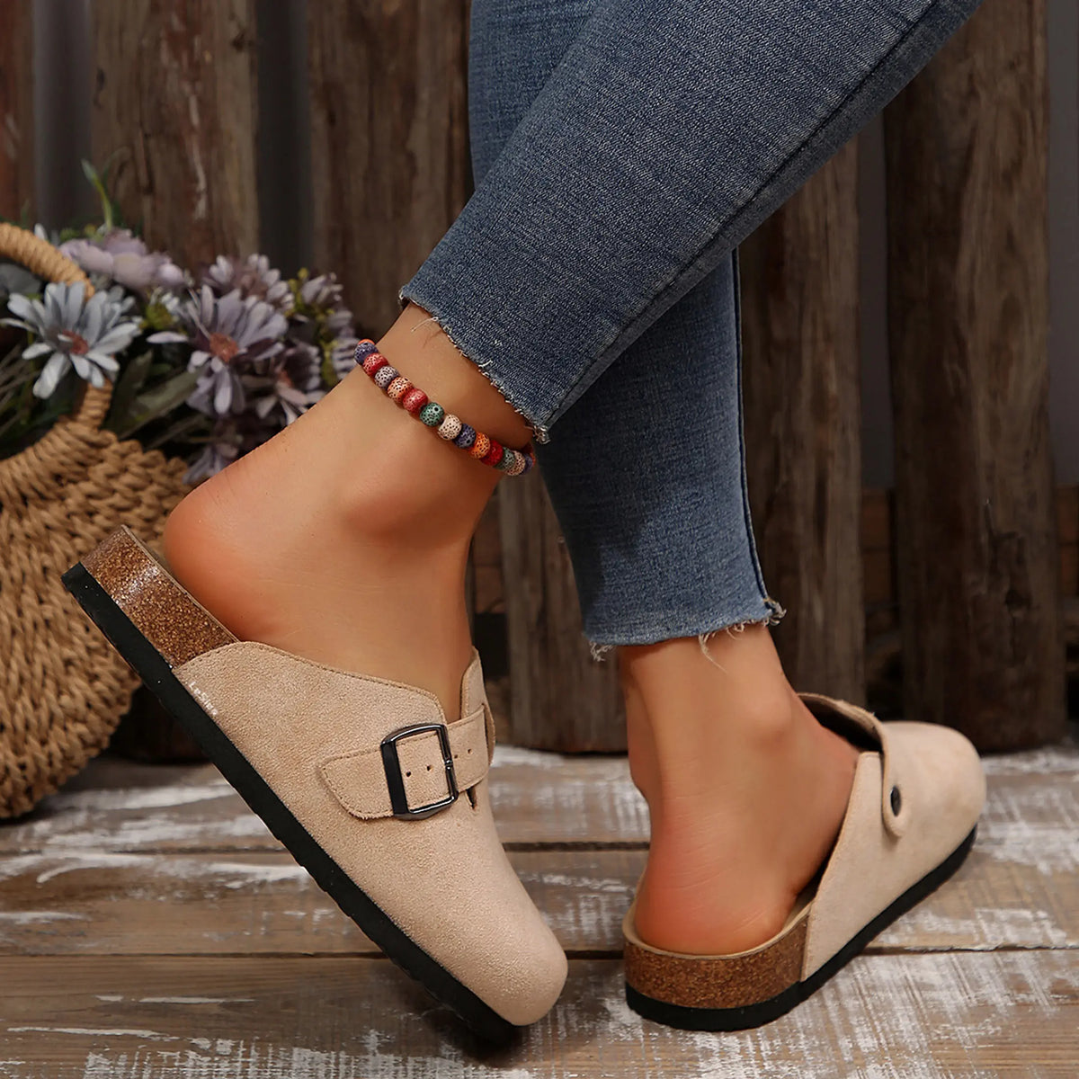Suede Clogs for Women and Men - Adjustable Buckle Slip-on Cork Footbed Mules with Antislip Sole - Unisex Slippers Brown Springfresh Cork Platform Shoes Summer Vibes