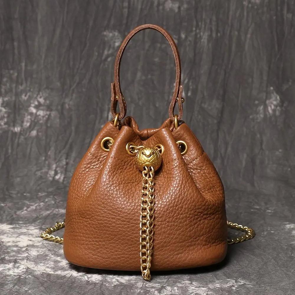 Genuine Bovine Cowhide Women's Mini Bucket Handbag - Drawstring, Gold Accent Hardware, Detachable Chain-Studded Strap, Crossbody Bags for Women, Fits Lipstick+Wallet, Contemporary Multifunctional Stylish Accessories