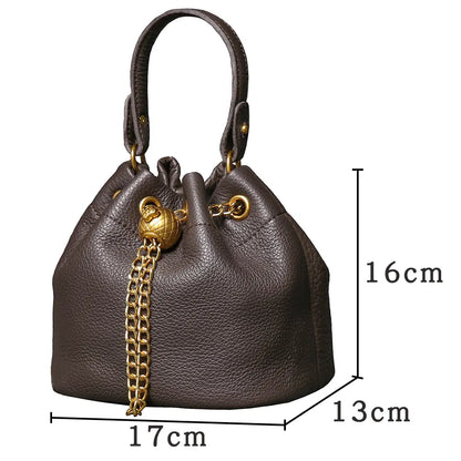Genuine Bovine Cowhide Women's Mini Bucket Handbag - Drawstring, Gold Accent Hardware, Detachable Chain-Studded Strap, Crossbody Bags for Women, Fits Lipstick+Wallet, Contemporary Multifunctional Stylish Accessories