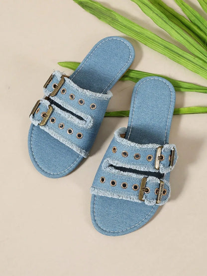 Women's Wide Fit Double Buckle Slides – Frayed Edge Casual Flat Sandals