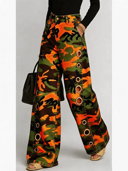 8782 2026 New Summer Camouflage Women Pants, Loose-Fitting Straight Leg, Mid Waist, Zipper Fly, Casual Style, All Seasons