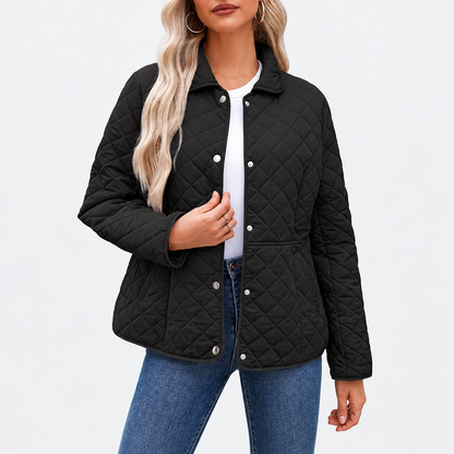 Women's Winter Quilted Jackets Long Sleeve Button Down Diamond Puffer Jacket Outerwear Coats with Pockets