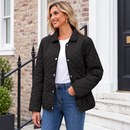 Women's Winter Quilted Jackets Long Sleeve Button Down Diamond Puffer Jacket Outerwear Coats with Pockets