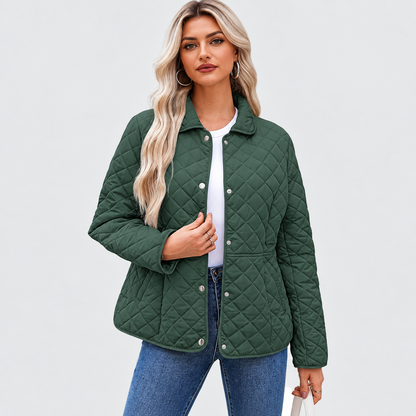 Women's Winter Quilted Jackets Long Sleeve Button Down Diamond Puffer Jacket Outerwear Coats with Pockets