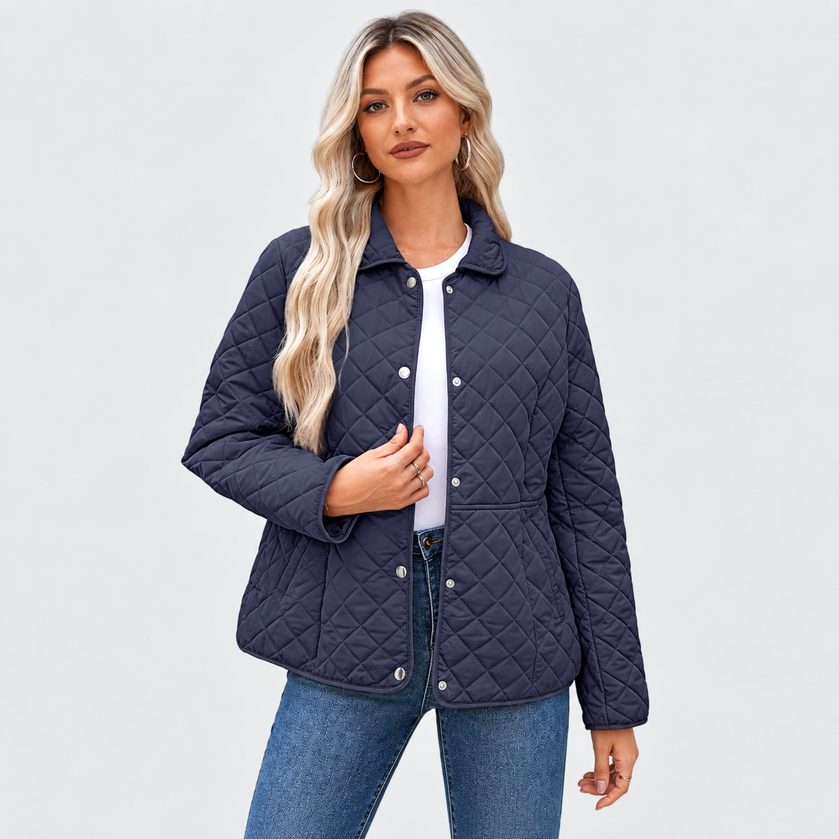 Women's Winter Quilted Jackets Long Sleeve Button Down Diamond Puffer Jacket Outerwear Coats with Pockets