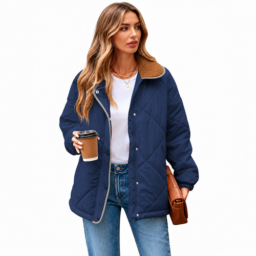 Women's Long Sleeve Quilted Jackets Zip Up Snap Button Padded Coat