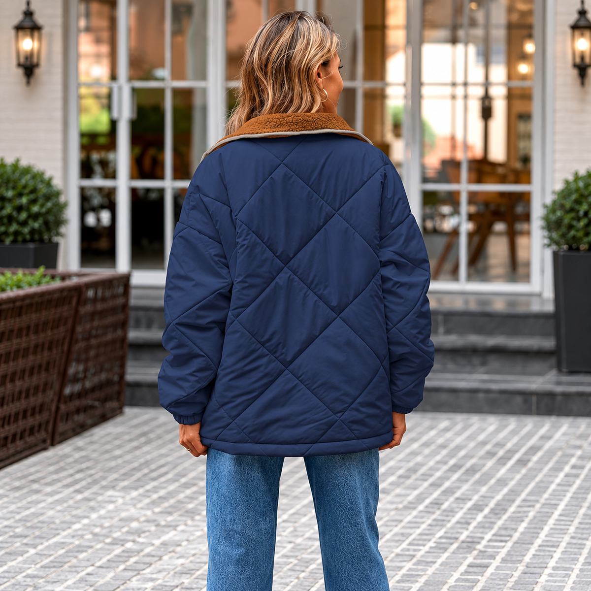 Women's Long Sleeve Quilted Jackets Zip Up Snap Button Padded Coat