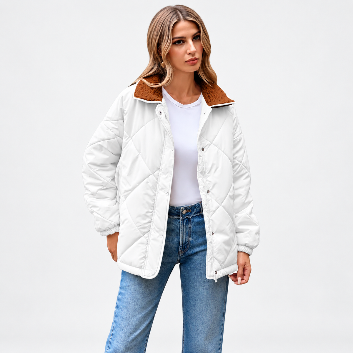 Women's Long Sleeve Quilted Jackets Zip Up Snap Button Padded Coat