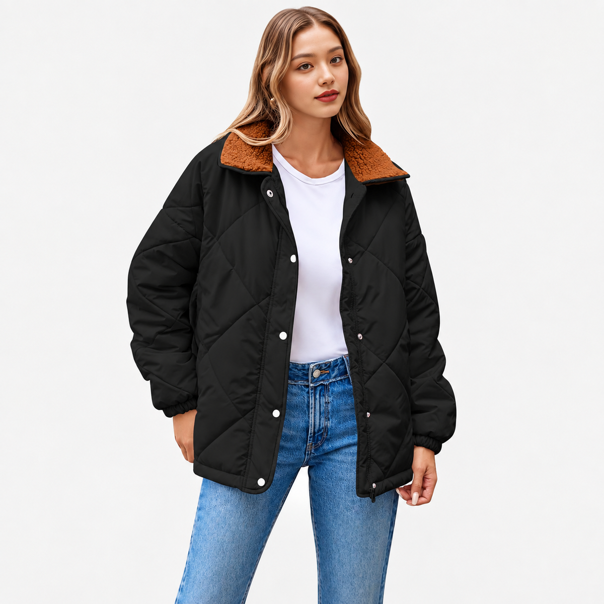 Women's Long Sleeve Quilted Jackets Zip Up Snap Button Padded Coat