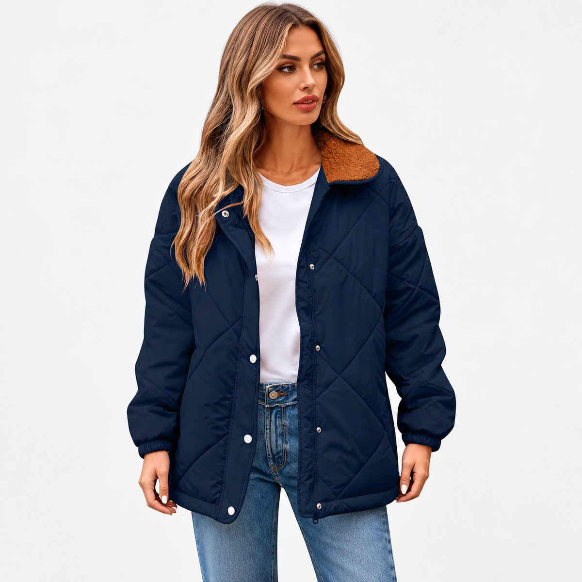 Women's Long Sleeve Quilted Jackets Zip Up Snap Button Padded Coat