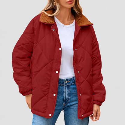 Women's Long Sleeve Quilted Jackets Zip Up Snap Button Padded Coat