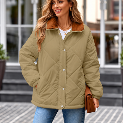 Women's Long Sleeve Quilted Jackets Zip Up Snap Button Padded Coat