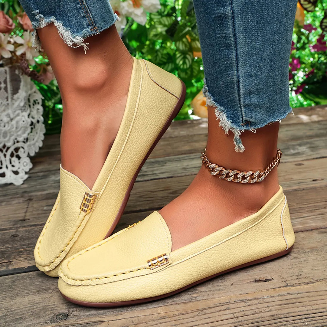 Women – Comfortable Slip-On Flats with Gold Buckle Detail