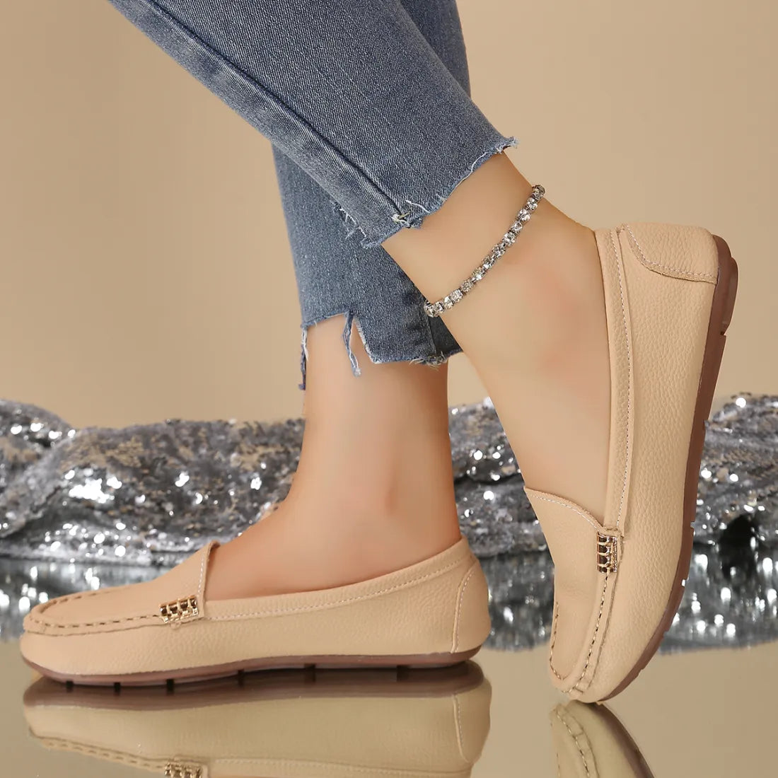 Women – Comfortable Slip-On Flats with Gold Buckle Detail