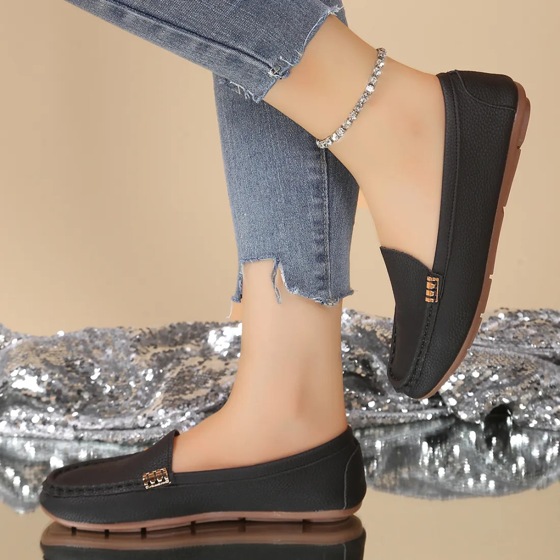 Women – Comfortable Slip-On Flats with Gold Buckle Detail