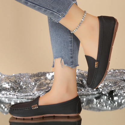 Women – Comfortable Slip-On Flats with Gold Buckle Detail