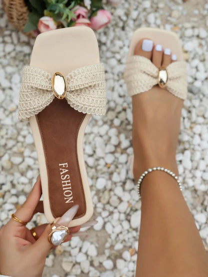Damen Einfache Strandurlaub-Sandalen, Freizeit-Pantoletten mit niedrigem Absatz, eckige Zehenpartie, mittlere Weite, Obermaterial aus Stoff, PVC-Sohle
