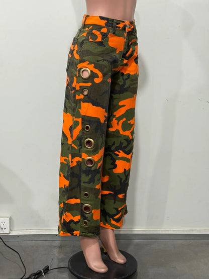8782 2026 New Summer Camouflage Women Pants, Loose-Fitting Straight Leg, Mid Waist, Zipper Fly, Casual Style, All Seasons
