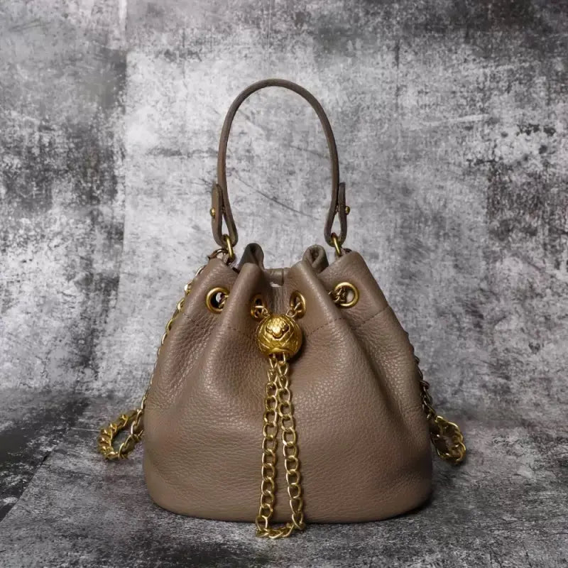 Genuine Bovine Cowhide Women's Mini Bucket Handbag - Drawstring, Gold Accent Hardware, Detachable Chain-Studded Strap, Crossbody Bags for Women, Fits Lipstick+Wallet, Contemporary Multifunctional Stylish Accessories