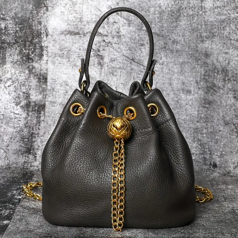 Genuine Bovine Cowhide Women's Mini Bucket Handbag - Drawstring, Gold Accent Hardware, Detachable Chain-Studded Strap, Crossbody Bags for Women, Fits Lipstick+Wallet, Contemporary Multifunctional Stylish Accessories