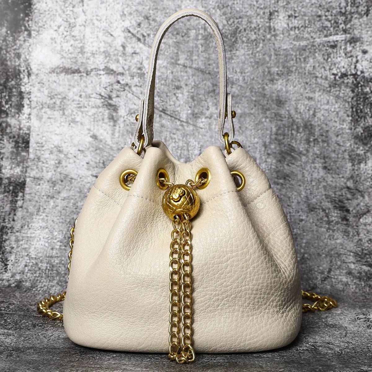 Genuine Bovine Cowhide Women's Mini Bucket Handbag - Drawstring, Gold Accent Hardware, Detachable Chain-Studded Strap, Crossbody Bags for Women, Fits Lipstick+Wallet, Contemporary Multifunctional Stylish Accessories