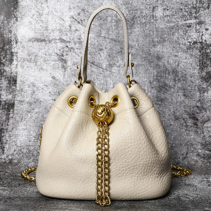 Genuine Bovine Cowhide Women's Mini Bucket Handbag - Drawstring, Gold Accent Hardware, Detachable Chain-Studded Strap, Crossbody Bags for Women, Fits Lipstick+Wallet, Contemporary Multifunctional Stylish Accessories