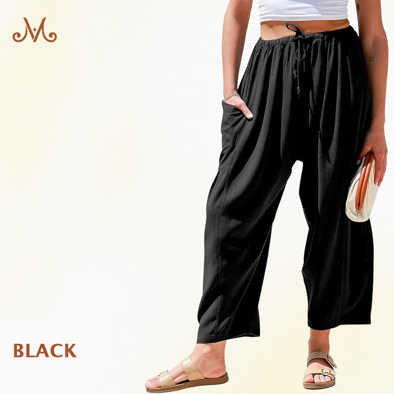 MoraFlow – Bequeme Leichte Leinen Cargo-Hose für Damen mit Weitem Bein