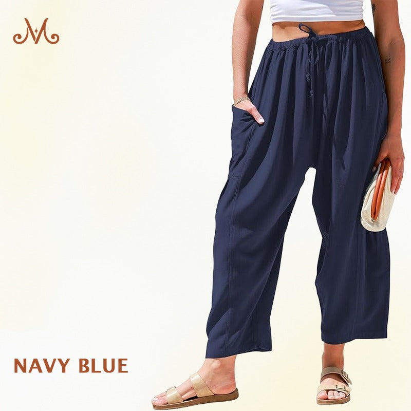 MoraFlow – Bequeme Leichte Leinen Cargo-Hose für Damen mit Weitem Bein