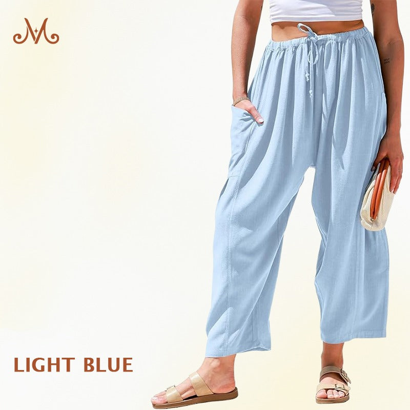 MoraFlow – Bequeme Leichte Leinen Cargo-Hose für Damen mit Weitem Bein