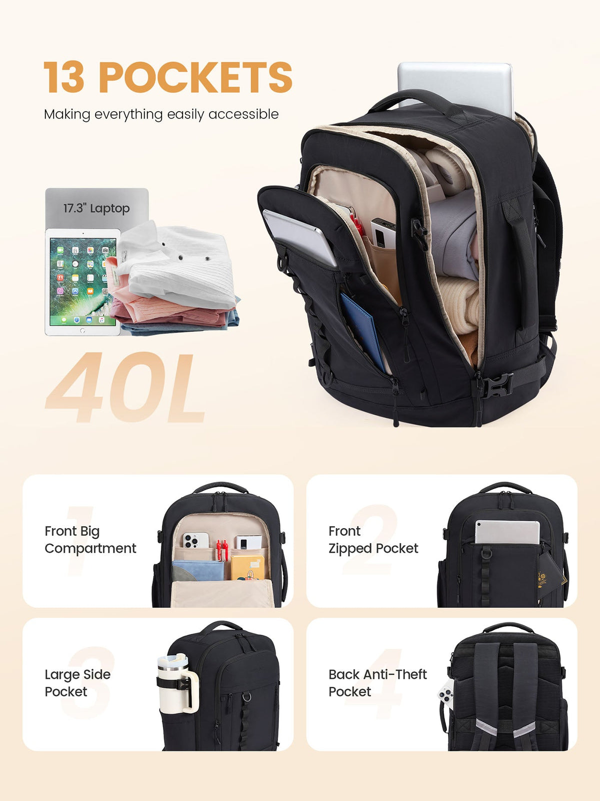 4Pcs Travel Backpack Bag 40L/50L