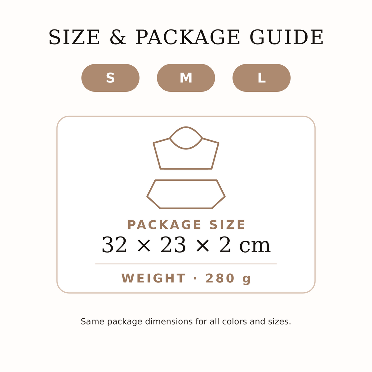 VYRA Sculpt size and package guide: sizes S, M, L; package 32 by 23 by 2 cm; weight 280 g